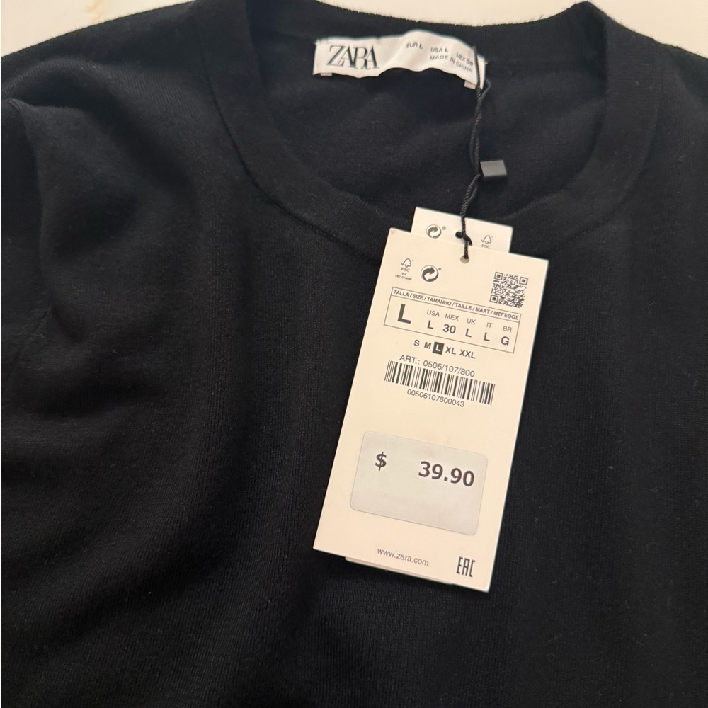 ZARA BLACK KNIT LONG SLEEVE SWEATER WHITE TRIM SLEEVES LARGE NWT - Picture 11 of 11